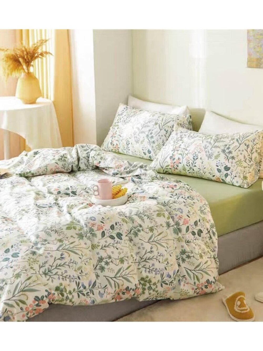 Sage Green Yellow Blue Floral Flower King Size Comforter Set - 3 Pcs Botanical